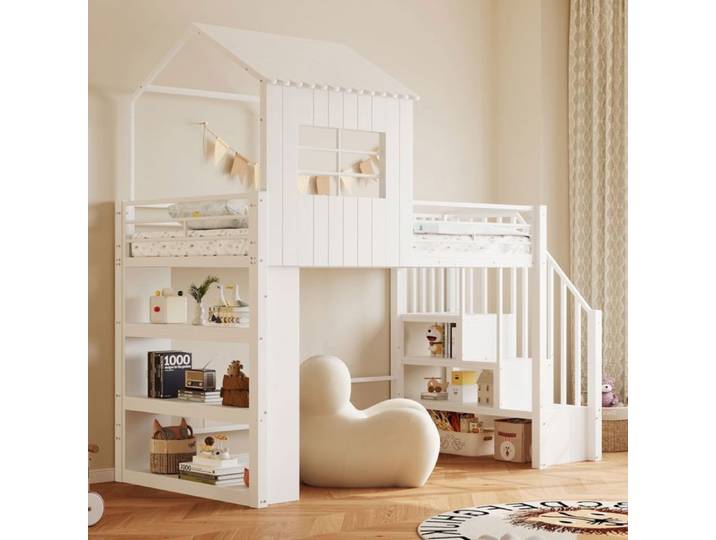 Lit mezzanine enfant - SOGEU - Lit mezzanine cabane - 90x200 cm - Escalier avec rangements réversible - Métal & MDF