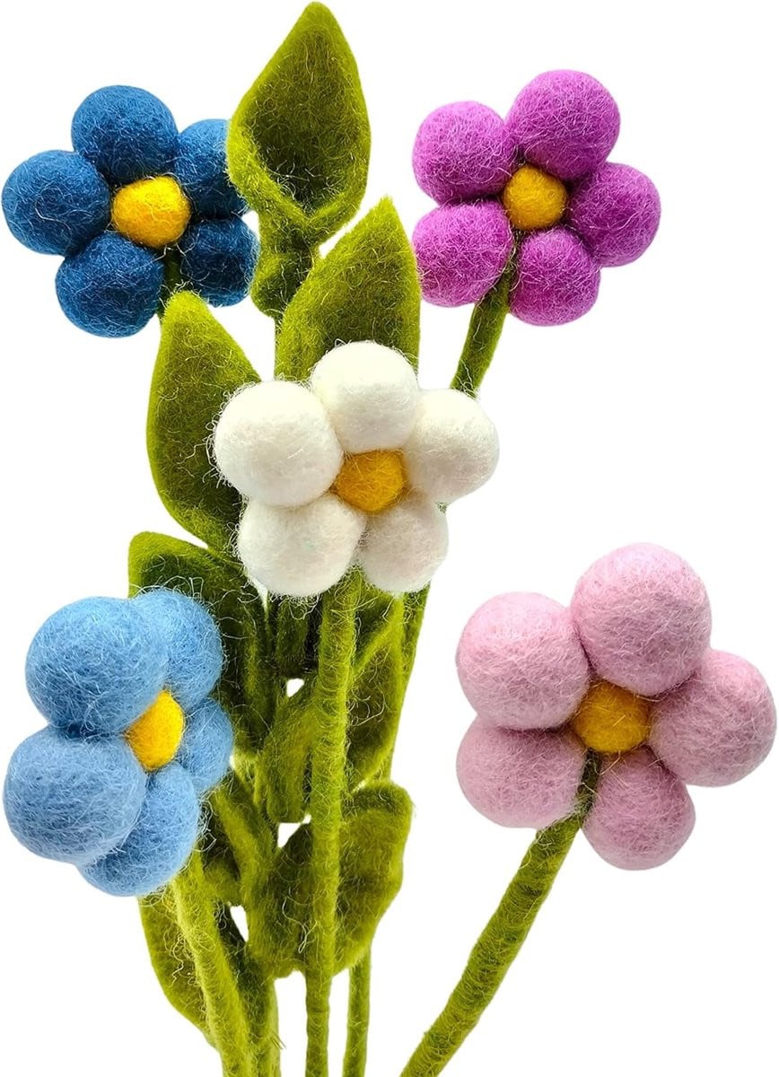 SnelShoppen Boeket van 5 Handgemaakte Viltbloemen en 1 AST - Multicolour - Duurzame Textiel Decoratie