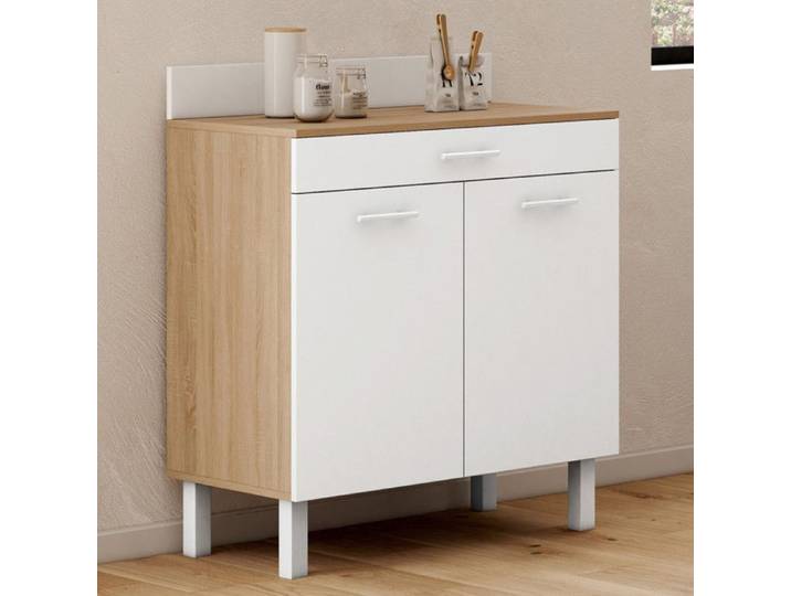 IDMARKET Buffet bas de cuisine 80 cm CINA plan de travail H.83 cm 2 portes + tiroir façon hêtre et blanc