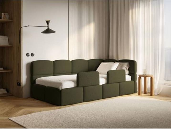 Selsey Jugendbett 90x200 cm Rechts Komfortables Polsterbett mit Bettkasten Sicherer Schlaf Rausfallschutz-Gitter Modernes Design Stabiler Holzrahmen Olivgrün Ideal Kinderzimmer