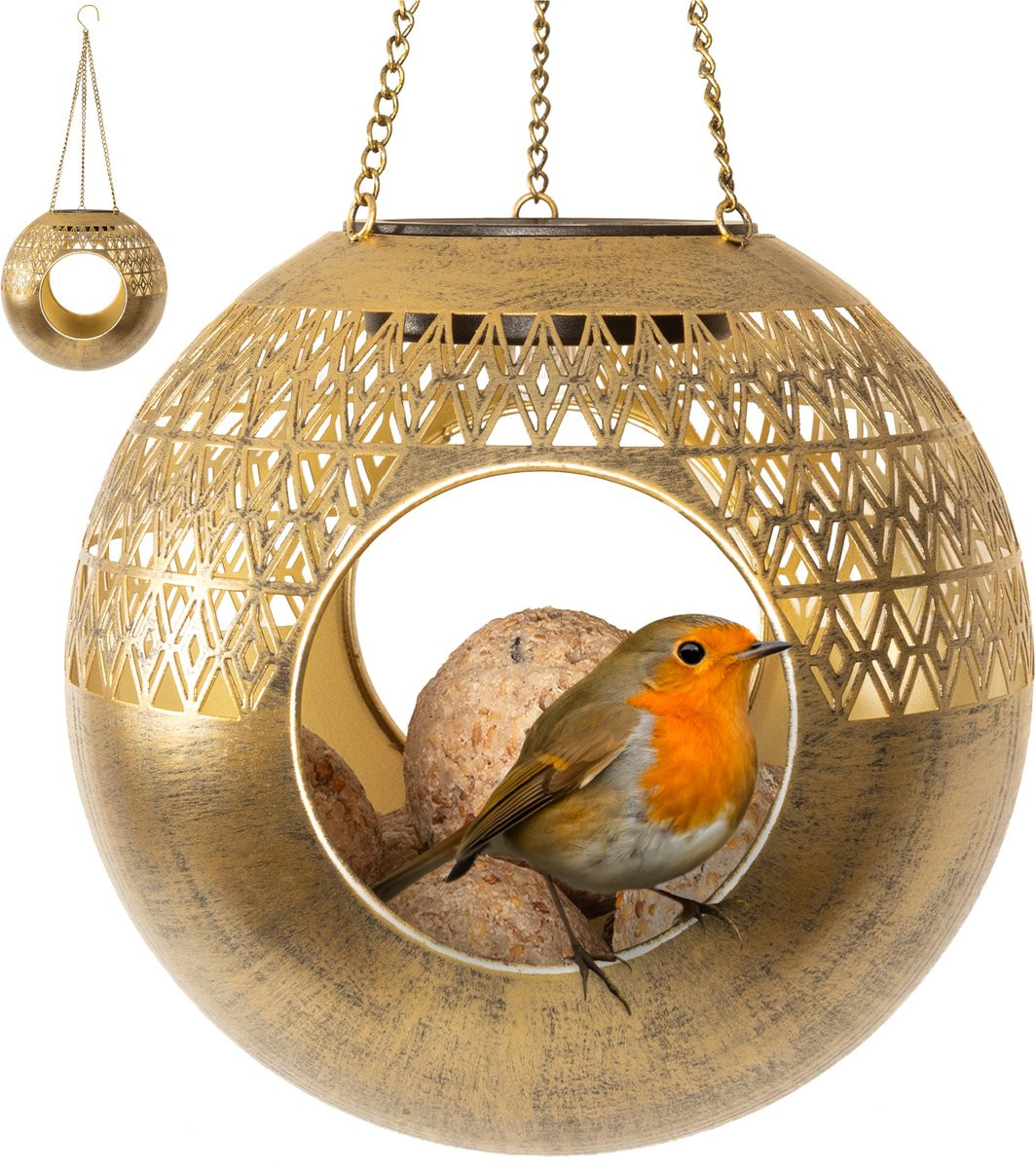 Gadgy Solar Tuinverlichting Vogelvoederhuisje – Hangende Lantaarn – Goud
