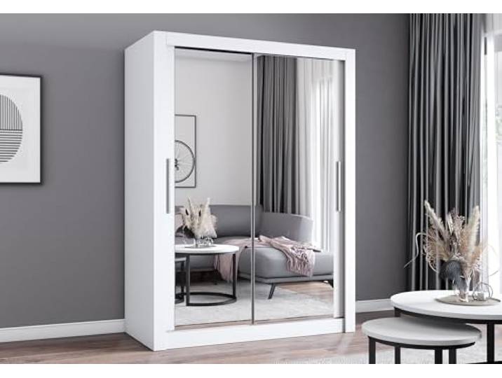 Easy4You MN Weiß Schiebetürenschrank Kleiderschrank 180x215x64 cm mit Spiegel - Schlafzimmermöbel, Aufbewahrung – Mehrzweckschrank mit 2 Kleiderstangen