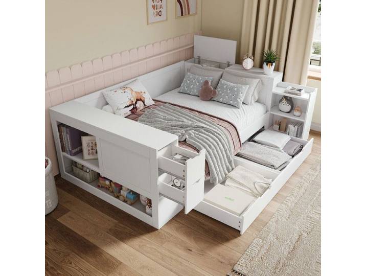 Lit enfant - VVBV - lit enfant - 140x200 cm - Sommier inclus - Tiroirs et chevets