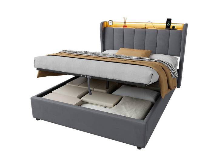 Okwish Polsterbett 140x190 cm Dunkelgrau aus Samt mit LED-Beleuchtung, hydraulischem Bettkasten und Ladeanschluss, 140x190 cm, Schlafzimmer, Betten, Polsterbetten