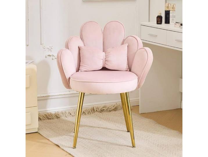 Fauteuil Salon Chaise Coiffeuse Dossier en Forme de Pétale Rose Fauteuil Chambre avec Coussin Pieds en Métal