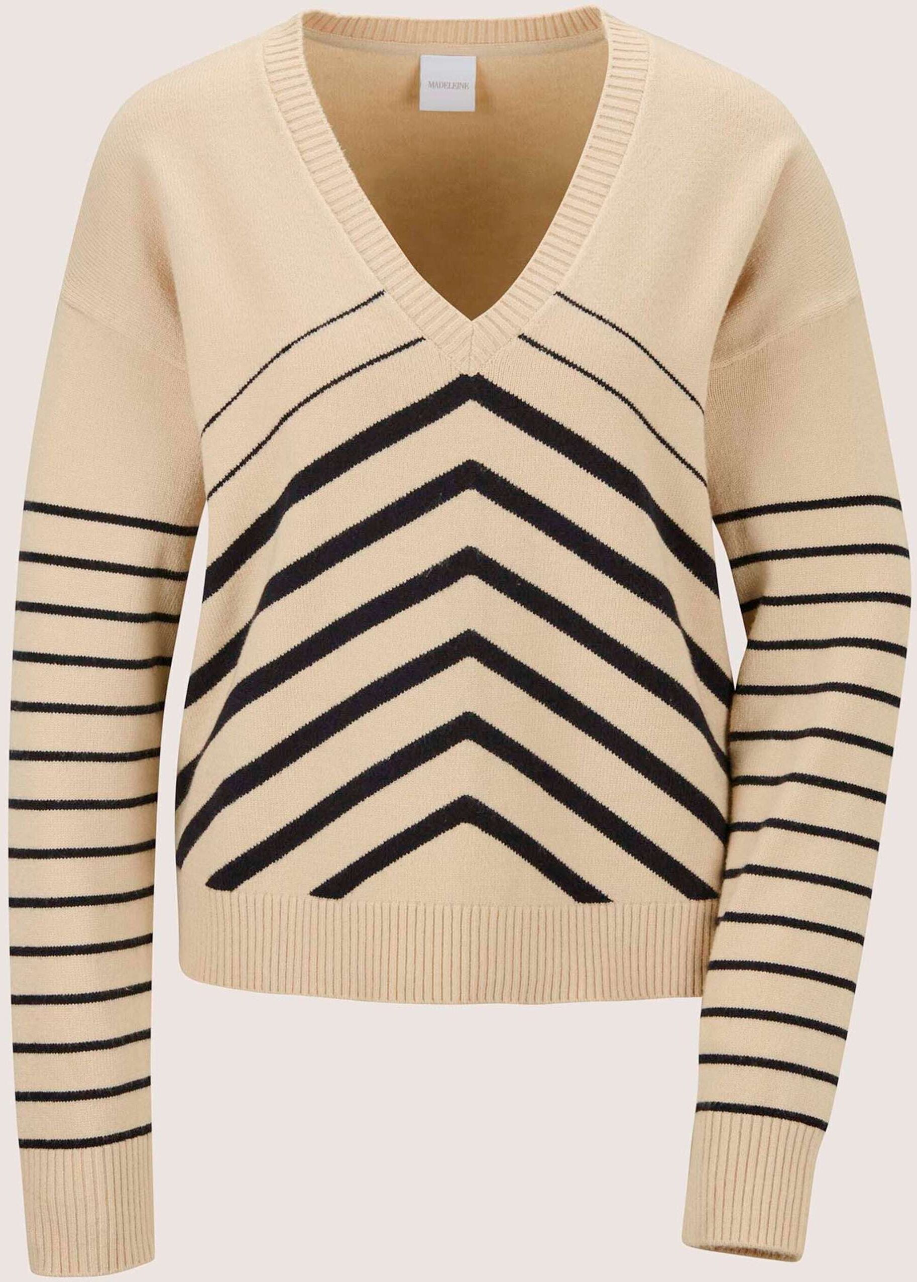 Longpullover MADELEINE "Pullover Sportiver Strickpullover mit Streifen", Damen, Gr. 34, beige (beige, marine), Modern, comfort fit, Pullover Longpullover