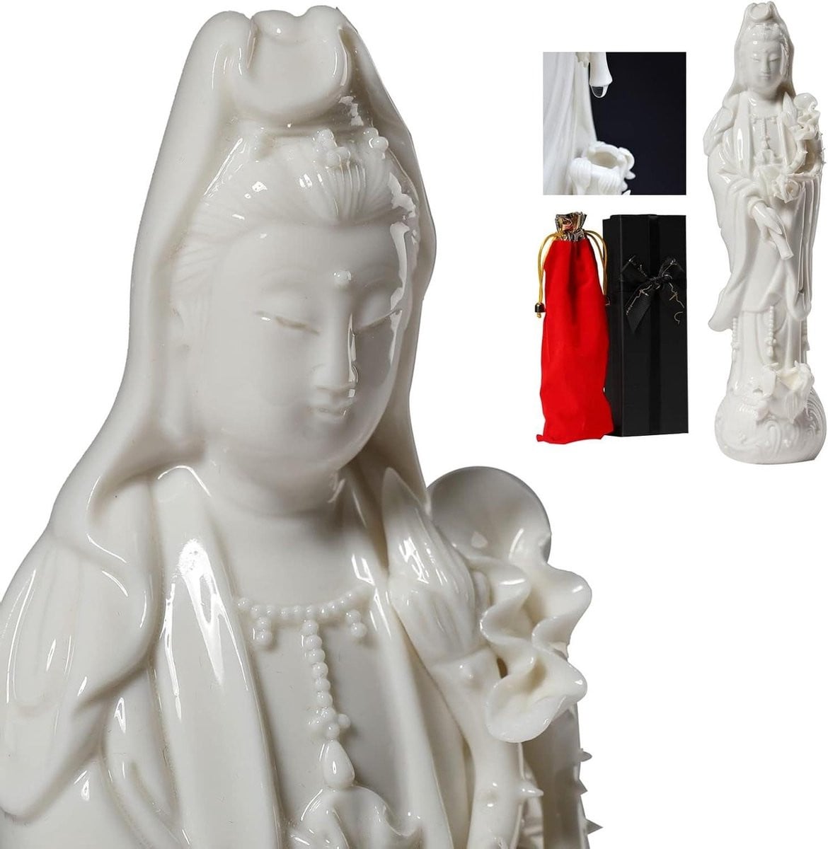 Guan Yin Beeld - Handgemaakt Keramiek - Wit - Meditatie Beeld met Druppelend Water Effect