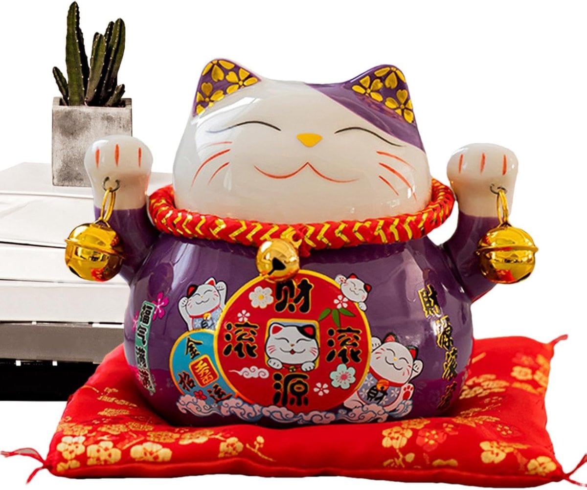 Feng Shui Kat Gelukskat Figuur Paars Keramiek Hoogte: 114 cm