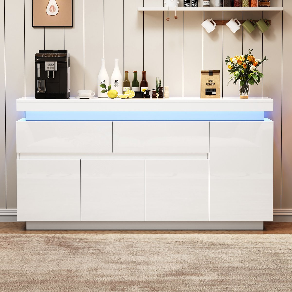 Sweiko Dressoir met LED-verlichting en 2 lades - Hoogglans Wit - Halmeubel met verstelbare plank