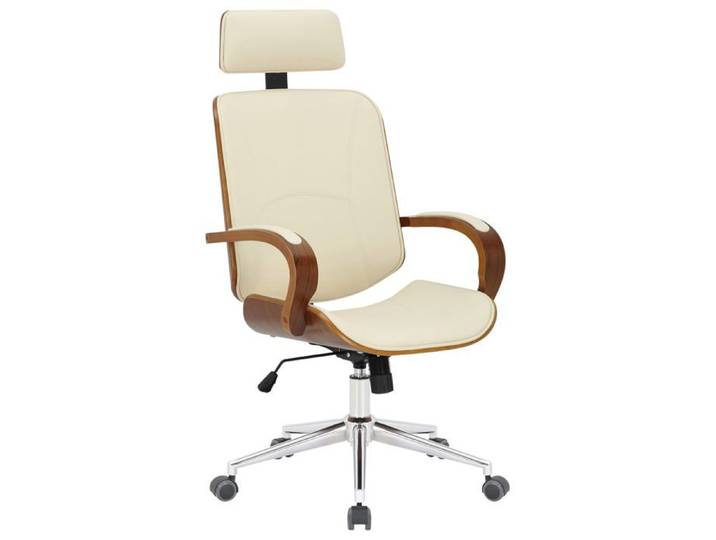 Chaise de bureau dossier et l appuie tête en metal PVC creme et cadre en bois noyer 10_0002453