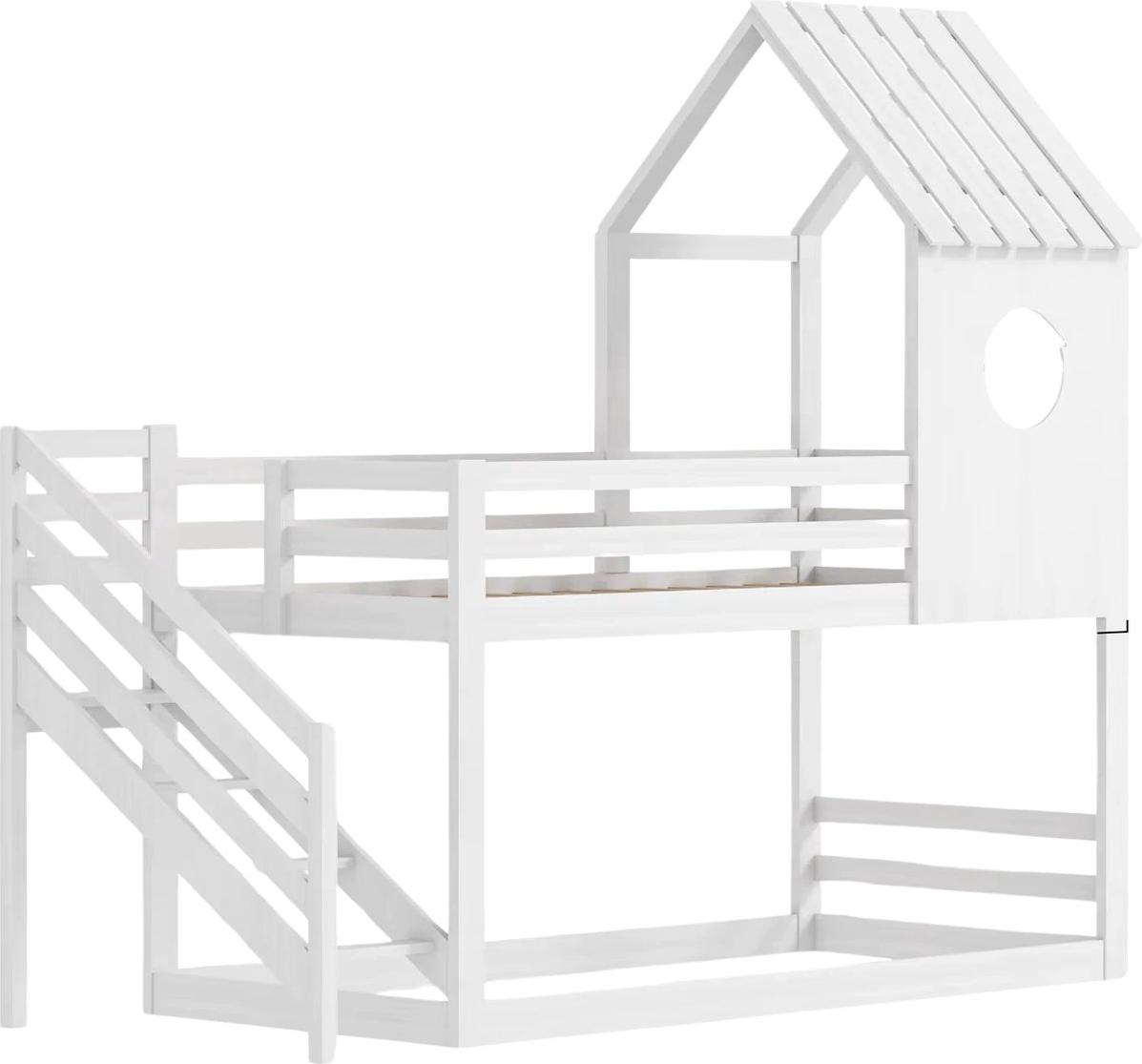 Stapelbett 200x90cm - Kinderbett 2er Set - Hochbett mit Hutdesign, Absturzsicherung & Lattenrost - Weiß - Für Kinder & Kleinkinder