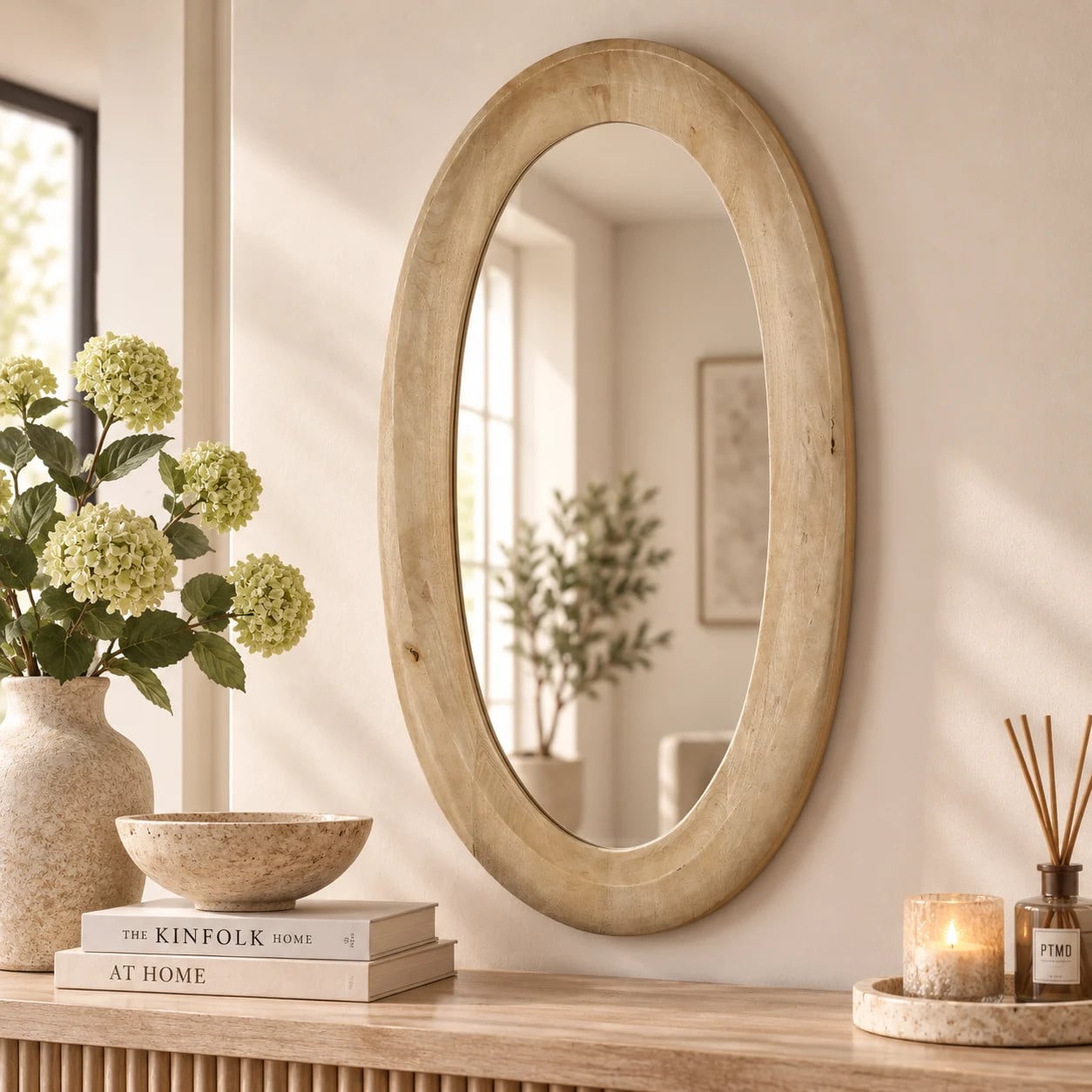 PTMD Spiegel Noam ovaal in natuurlijk mango hout, beige en bruin, B: 120 cm, H: 68 cm, D: 12 cm