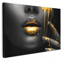 LEINWANDBILD Frau - Schwarz - Gold - Gesicht - Lippen Wohnzimmer Groß 120x80 cm