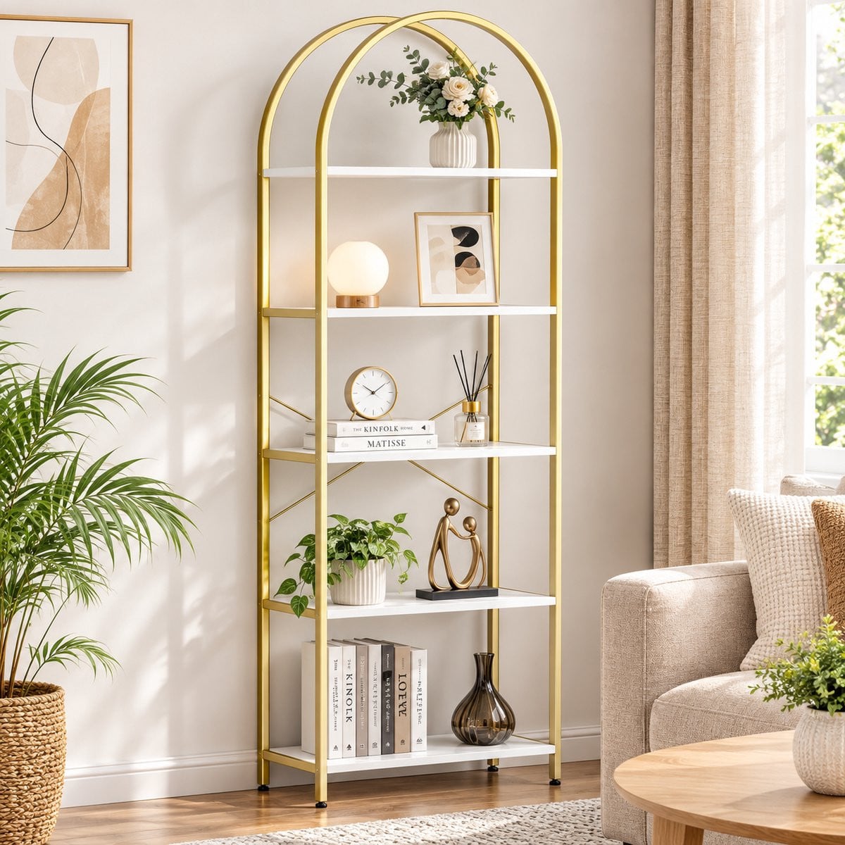 Parasha Nova Boekenrek - Gouden metalen boekenplank met 5 niveaus en verstelbare poten - Hoogte: 180 cm