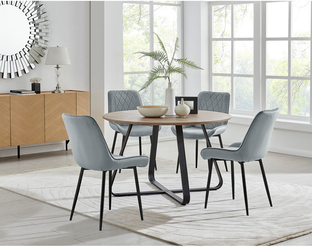 Fairmont Park Venedocia Round Wood Effect Dining Table & 4 Luxury Velvet Dining Chairs Grey/Black 4