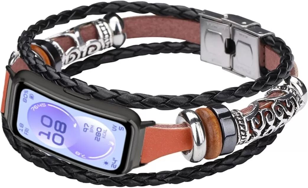 INF Perlenbesetztes PU-Leder Ersatzarmband, kompatibel mit Huawei Band 11/11 Pro – Ethnisch-vintage Stil, Komfortabler Sitz, Braun