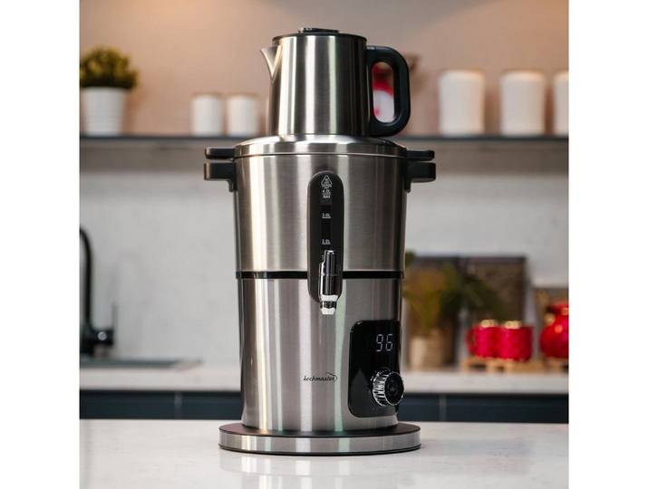 kochmaster Teebereiter KOCHMASTER Aura Elektrische Samowar aus Edelstahl, 2000 W, Elektrischer Samowar mit 4,0 L Wasserbehälter, 5 Programme