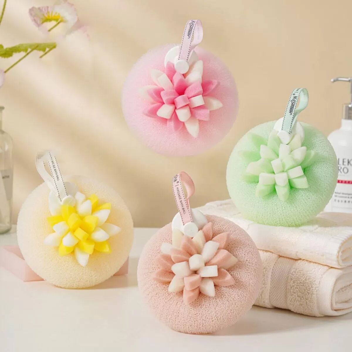 INF 3D Blütenblatt Massage Badeschwamm - 2er Pack: Weicher, Peeling-Körperwäscher für Spa-ähnliche Entspannung Rosa
