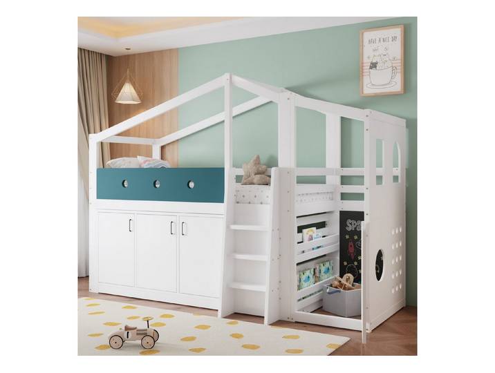 Flieks Kinderbett, Halbhohes Holzbett 90x200cm in Hausform mit Spielbereich und Schrank