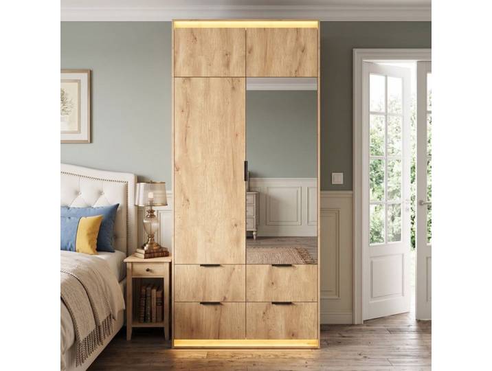 Armoire de Chambre - 90x47x200cm - Armoire Dressing avec Miroir LED RGB App 1 Barre 4 Tiroirs - Chêne