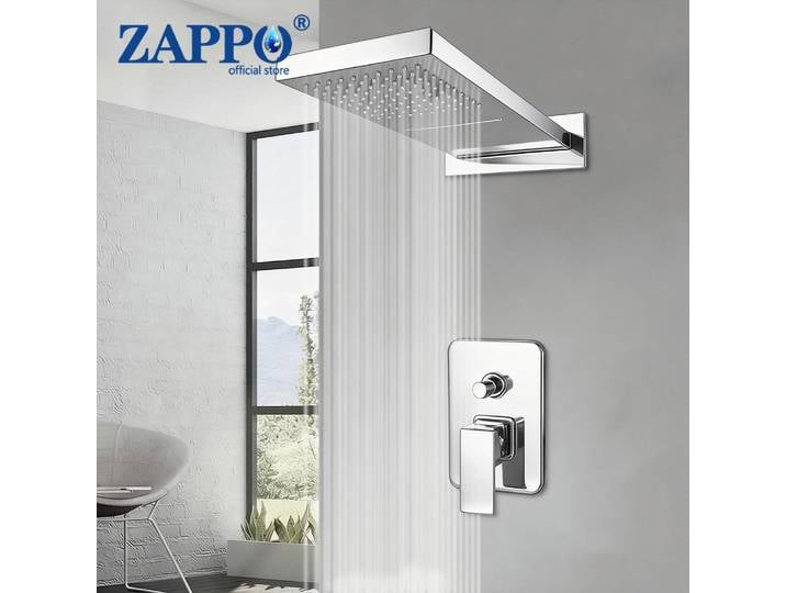 Système de douche encastré ZAPPO, chrome poli, 2 fonctions, pommeau de douche carré effet pluie avec mitigeur