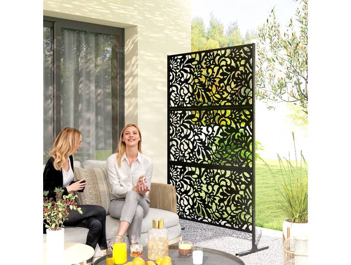 Outsunny Claustra Extérieur Floral Acier Noir 3 Panneaux 122x45x198cm
