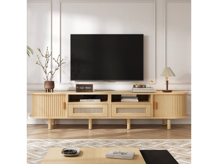 Meuble TV ovale PINGGO 170x40x40cm, meuble TV moderne avec 2 tiroirs en rotin, portes coulissantes, couleur bois, table console multimédia