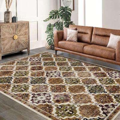 Garvee Boho Floral Checkerboard Washable Area Rug for Bedroom Living Room Non-Slip Oriental Accent Throw Carpet