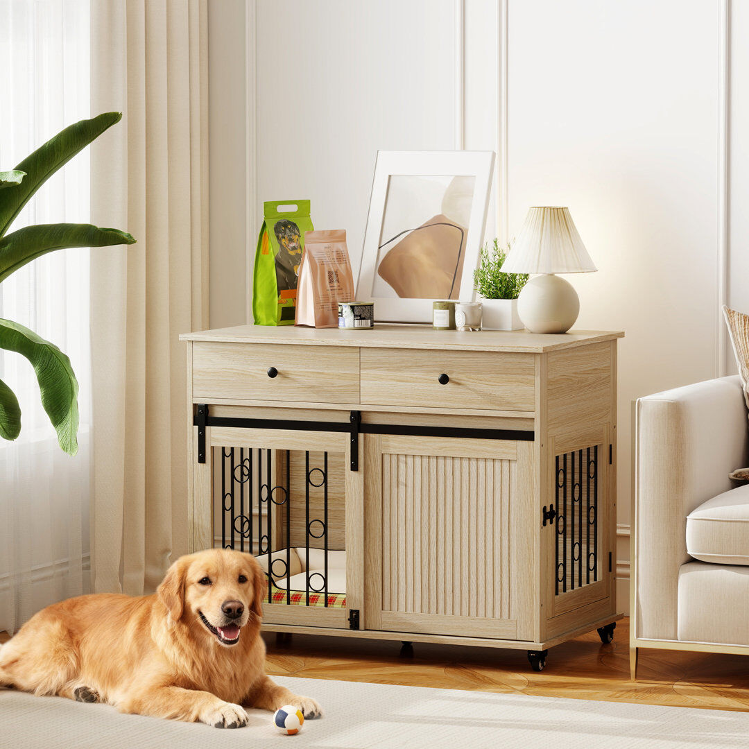 PawHut Dog Crate Furniture Dog Cage with Wheels 2 Drawers Sliding Door Oak Black