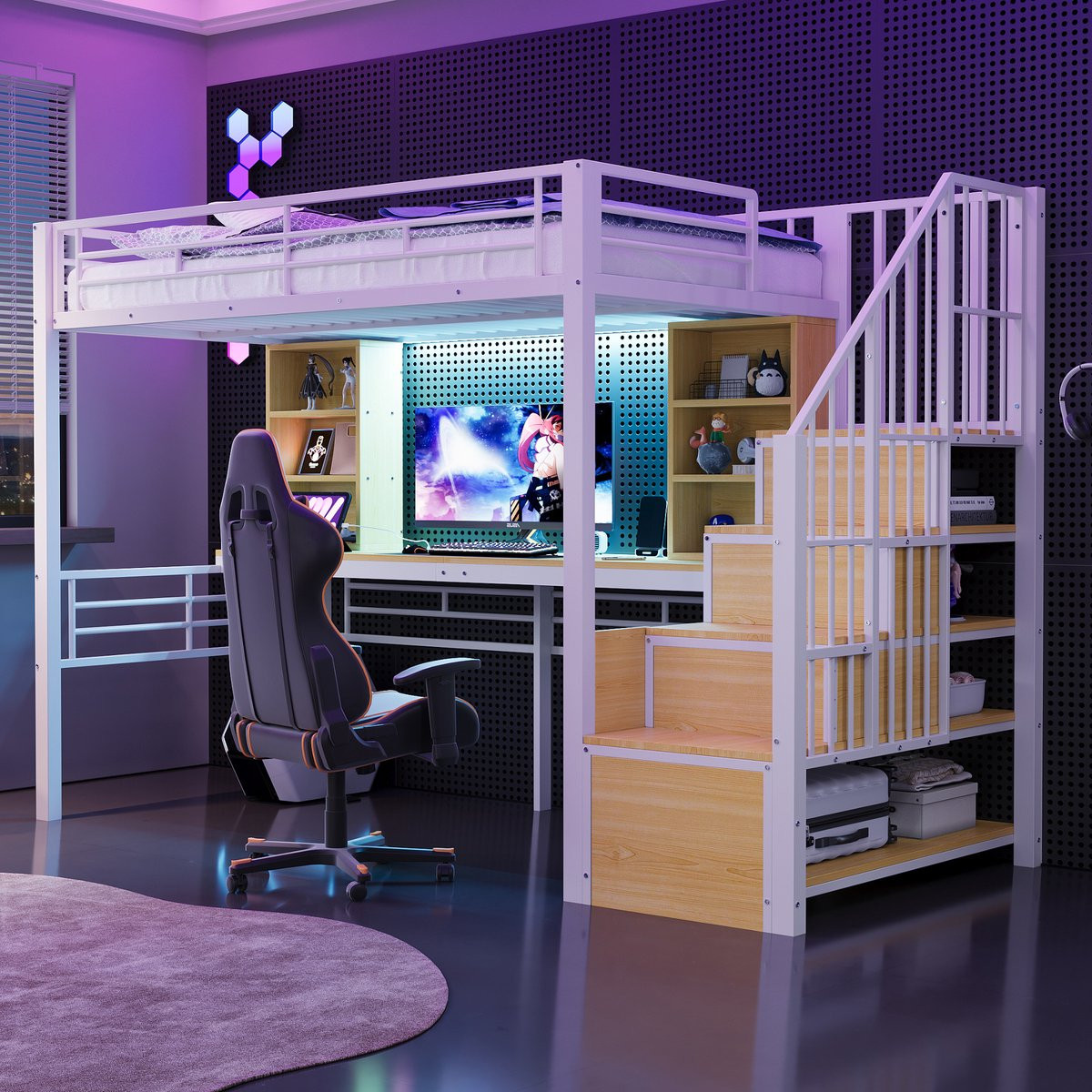 Metalen Hoogslaper voor Kinderen met LED-verlichting en Opbergruimte - Wit - 90 x 200 cm