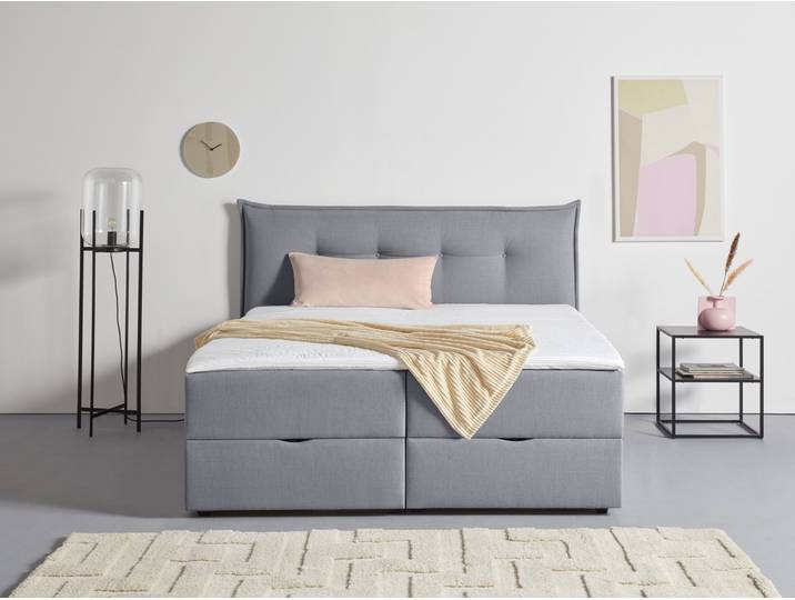 Boxbett, 195x213 cm, Holzwerkstoff, Grau, Inklusive Bettkasten & Topper, Skandinavisch, andas
