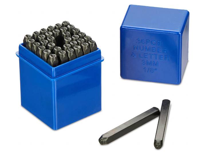 Relaxdays Schlagbuchstaben Set, 36-teilig, Schlagstempel 3 mm, Leder und Metall, Stanzwerkzeug A-Z & 0-9, Stahl, schwarz