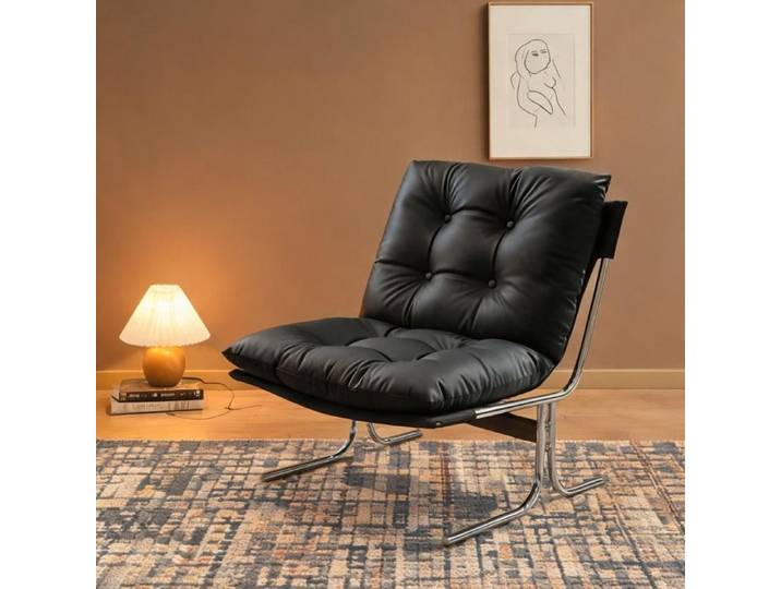 Fauteuil lounge style Barcelona en simili noir piétement chromé dimensions compactes 72 2x84 1 cm