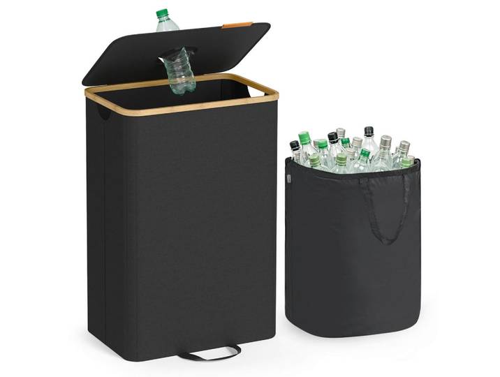 Flaschensammler, Naturfarben, Schwarz, Beige, Holz, Kunststoff, Karton, Bambus, vollmassiv, 95 l, 42x70.5x32.5 cm, reißfest, Haushalt & Reinigung, Reinigung, Mülleimer & Abfallsammler