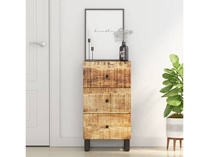 RJPLMFV Anrichte mit 3 Schubladen, 40 x 33,5 x 75 cm, Massivholz, Mangobaum Robuste Eisenbeine, geräumige Aufbewahrung, Oberseite für Dekoration, Wandbefestigung inklusive