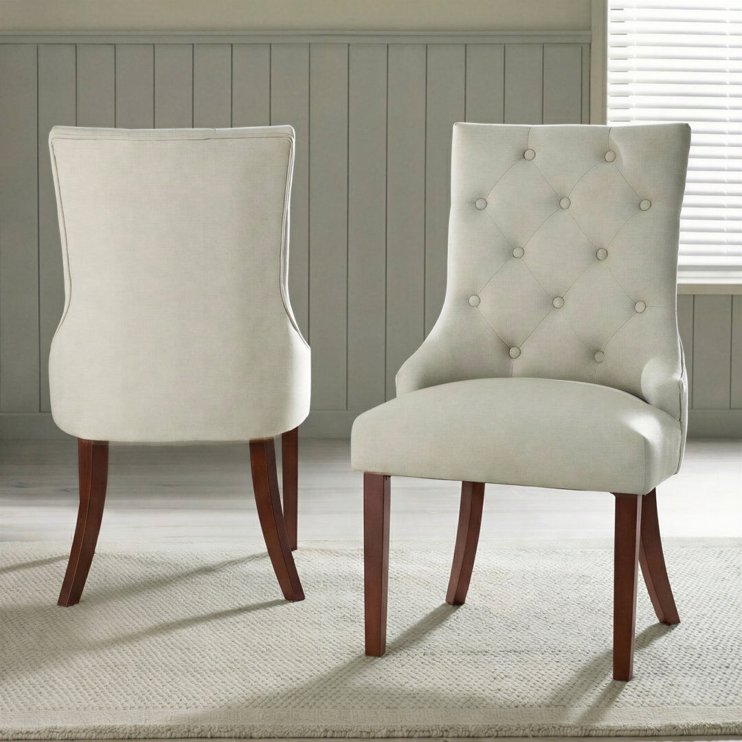 Marlow Home Co. Eubanks Beige Linen Fabric Dining Chairs Effect Legs - Luxury Modern Chesterfield Style Walnut 99cm H X 55cm W X 61cm D