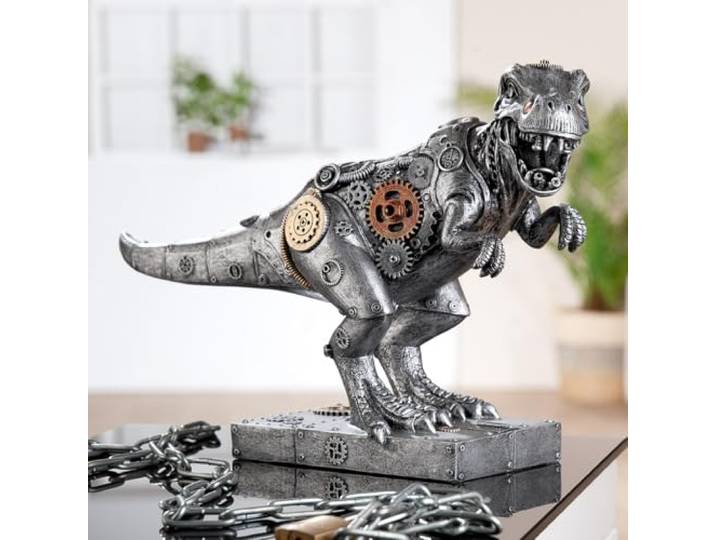 Casablanca Steampunk T-Rex Dinosaur Skulptur, Kunstharz, silberfarben, metallische Optik, H: 25cm, B: 40cm, T: 13,5cm - Deko, Geschenk, Wohnzimmer, Sammlerstück