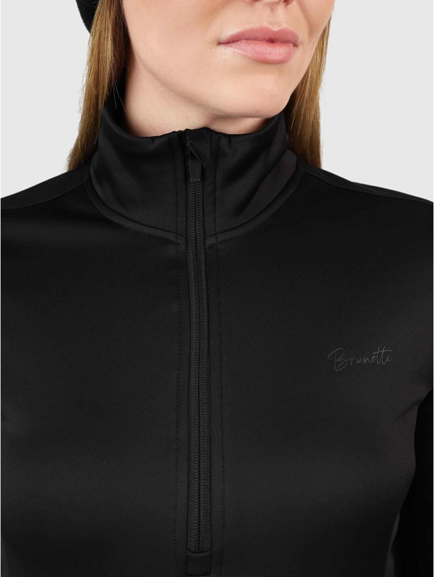 Fleecepullover BRUNOTTI "Heronne Women Fleece", Damen, Gr. L, schwarz, Fleece, Obermaterial: 85% Polyester, 15% Elasthan, hoch geschlossener Ausschnitt, Sweatshirts Fleecepullover, hoch geschlossener Ausschnitt, wasserabweisende Oberfläche