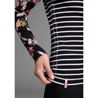 Langarmshirt KANGAROOS, Damen, Gr. 44/46, schwarz, Rippware, Obermaterial: 100% Baumwolle, gestreift, sehr figurbetont hüftlang, Rundhals, Raglanärmel, Shirts Langarmshirt, Langarm, sehr figurbetont, aus Baumwolle
