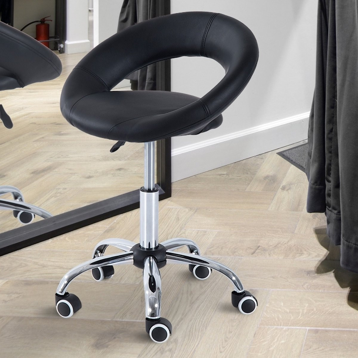 OKWISH Rolkruk met rugleuning en wielen, hoogteverstelbaar en ergonomisch, zwart kunstleer