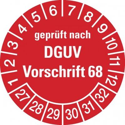 König Werbeanlagen Prüfplaketten ab 27, geprüft nach DGUV Vorschrift 68, rot/weiß, Folie, Ø 30mm - Bogen = 10 Plaketten - 30 mm Folie selbstklebend