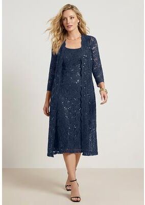 Plus Size Women's Plus Size 3/4 Sleeve Formal Duster Sequin - Embellished Lace Dress Set by Roaman's in Navy (Size 26 W) Formal Evening