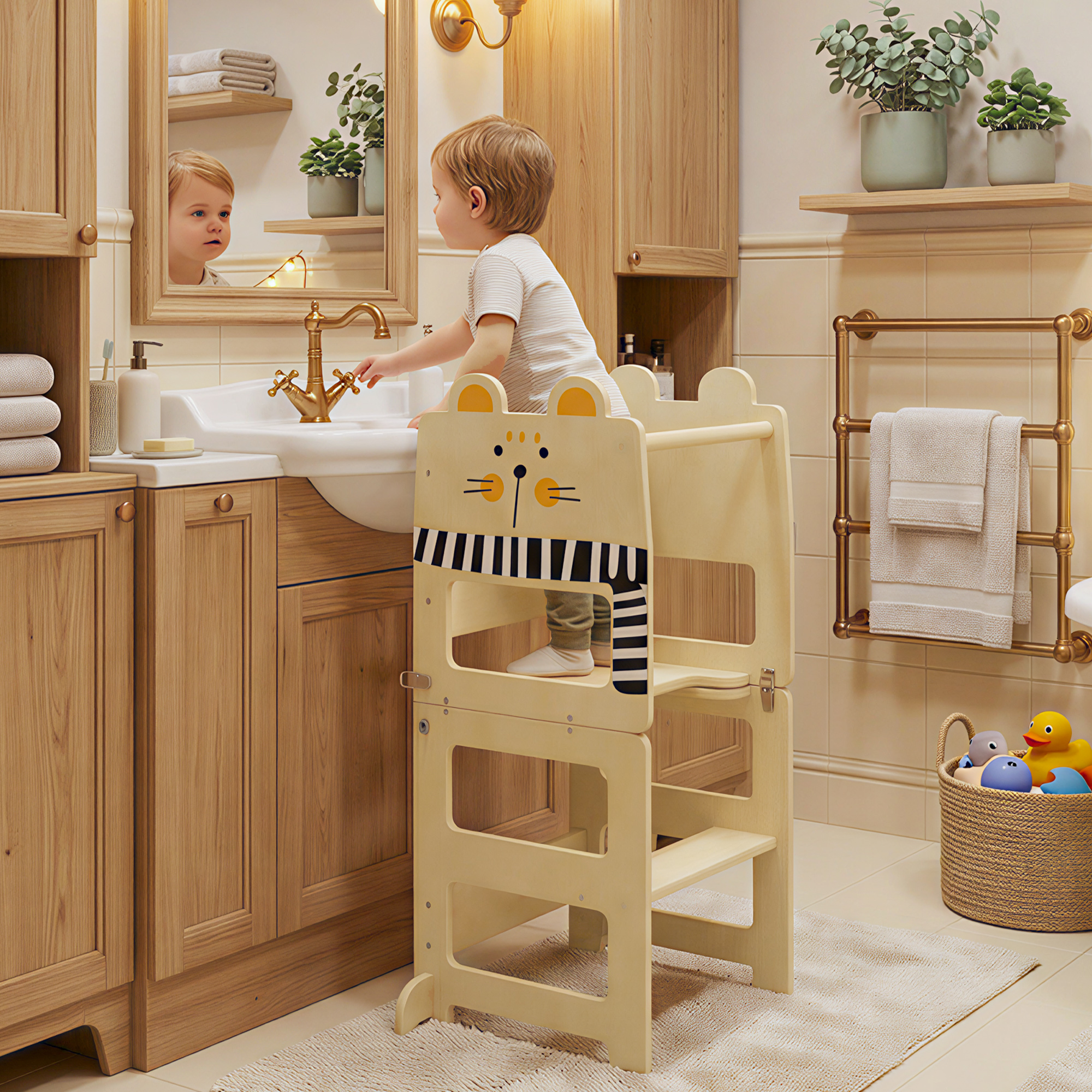 Aiyaplay Torre Montessoriana Bambini 3 in 1 Pieghevole con Lavagna, Tavolo Sedia, Forma a Gatto, 2-5 Anni, Cucina   Aosom Italy