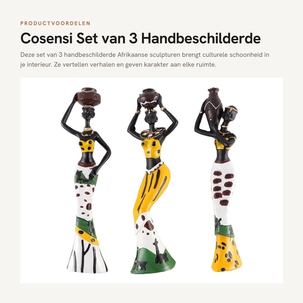 Dailygoods Set van 3 Handbeschilderde Afrikaanse Sculpturen voor Huisdecoratie