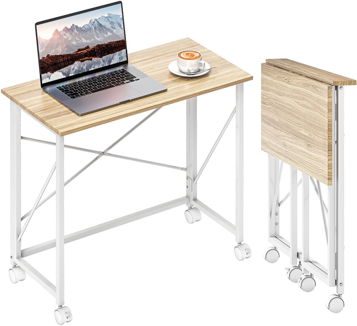 Opklapbaar bureau op wielen, ruimtebesparend, staal en MDF, naturel