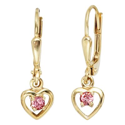 Paar Ohrhänger JOBO, gold (gelbgold 333), Ohrringe, Damen, Gelbgold 333, Herz 333 Gold mit Glassteinen