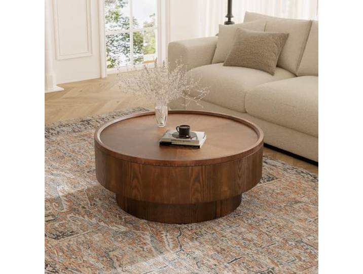FeiZhiYanS Moderner runder Couchtisch mit abnehmbarem Deckel Minimalistisches Mid-Century-Design, Aus Holz, Ideal für Wohnzimmer, Ideal für kleine Wohnungen