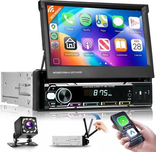 Autoradio 1 DIN mit Carplay und Android Auto, kabellose Verbindung, manuell ausfahrbares 7-Zoll-Display, farbiges Design, 1 DIN AM/FM/RDS-Radio mit Bluetooth und GPS/Navigationssystem, Rückfahrkamera, Lenkradfernbedienung