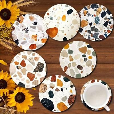 Inspire Select Stone Pattern Wooden Coasters Set 6pcs Heat Resistant Coffee Cup Table Protection Mats 6 Pcs