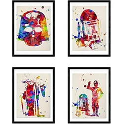 POSTER Set mit 4 Star Wars Film Darth Vader, Yoda, R2D2 und C3PO A4 Schwarzer Rahmen